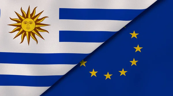 乌拉圭和欧盟的两个国家的国旗。高质量的商业背景。3d说明 图片素材