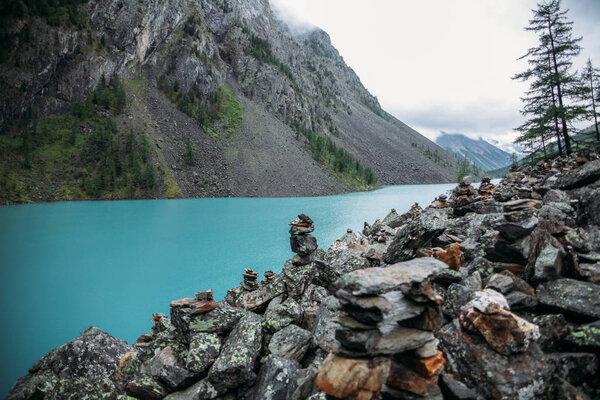 清澈的湖泊, 树木和山脉, 阿尔泰, 俄罗斯 图片素材