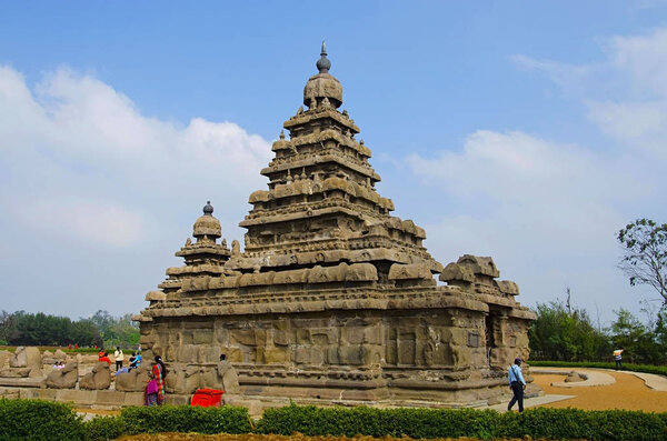 海岸寺庙的外在看法, 修造了在700-728 广告, 马哈巴利普兰, 泰米尔纳德邦, 印度. 图片素材
