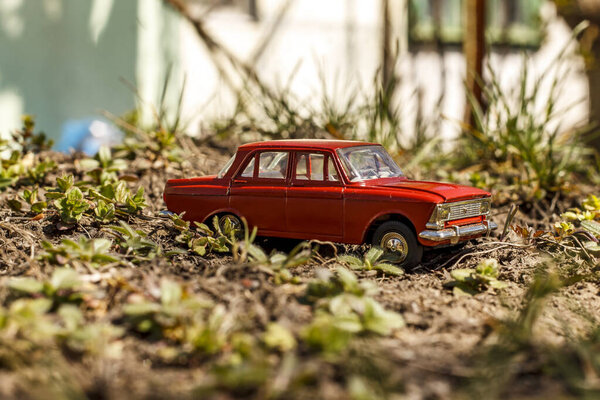 阳光明媚、背景模糊的小山上，可收集的玩具车模型Moskvich 412红色，青草丛生 图片素材
