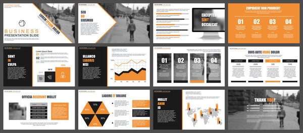 橙色和黑色业务演示文稿从信息元素中滑动模板。可用于演示, 传单和传单, 宣传册, 营销, 广告, 年度报告, 横幅, 小册子. 图片素材
