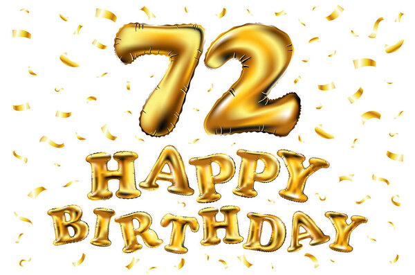 72周年纪念日, 生日快乐庆典。3d 插图与辉煌的金色气球和喜悦的五彩纸屑为您独特的贺卡, 横幅, 生日邀请, 庆祝周年纪念. 图片素材