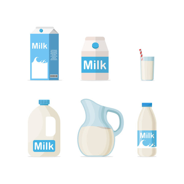 不同包装的一组牛奶：玻璃瓶、纸盒、白色底座隔离瓶 图片素材