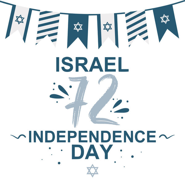 以色列独立日72日国家假日扁平设计国旗，文字为英文和大卫星，背景为白色。海报、卡片或邀请函的设计。矢量图解。EPS 10格式 图片素材