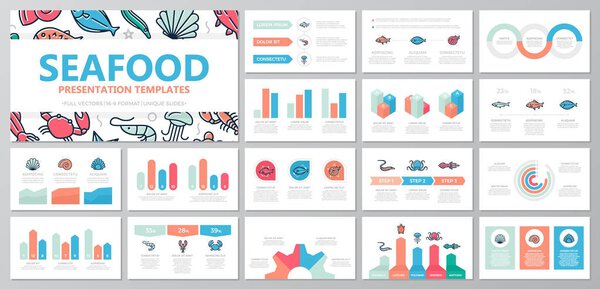 鱼和海食品元素为多功能演示文稿模板集的幻灯片图形和图表。单张、 企业报告、 市场营销、 广告、 年度报告、 书籍封面设计. 图片素材
