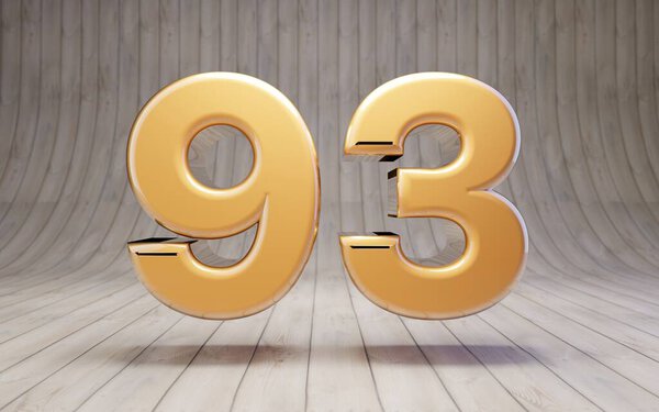 黄金93号在木地板上3D渲染光滑的黄金字母表字符. 图片素材
