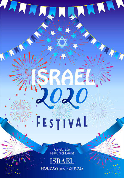 独立日快乐的书信来自希伯来语节日贺卡、以色列周年犹太人节日、带有以色列国旗图标的耶路撒冷横幅、大卫蓝星标志、 2020年特拉维夫节烟火标志概念庆祝矢量模板 图片素材