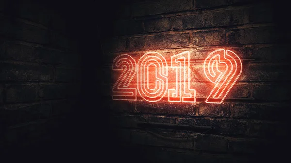 2019在砖墙上的霓虹灯标志, 新年快乐, 3d 渲染插图