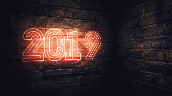 2019在砖墙上的霓虹灯标志, 新年快乐, 3d 渲染插图 图片素材
