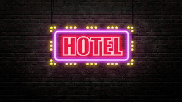 砖墙背景上的霓虹灯风格酒店标志  图片素材