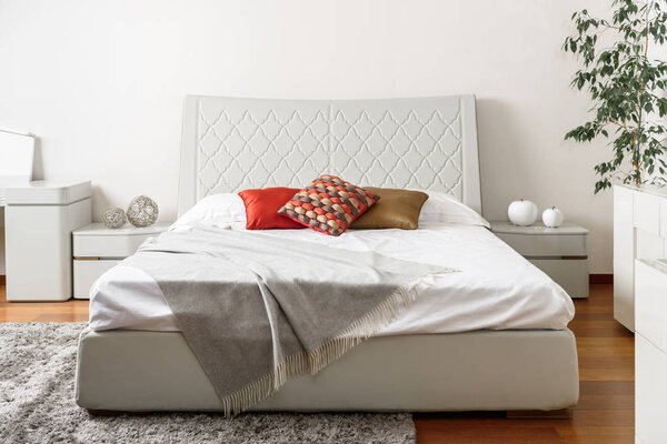 现代光卧室的室内与彩色枕头在白色床上 图片素材
