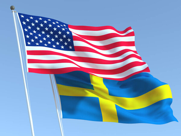 蓝天上的两面飘扬的美国和瑞典国旗。高质量的商业背景.3d说明 图片素材