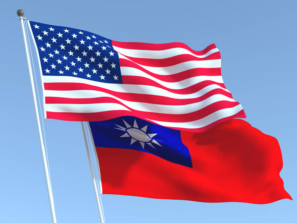 蓝天上的两面飘扬的美国和台湾国旗。高质量的商业背景.3d说明 图片素材