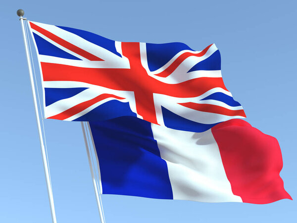蓝天上飘扬着两面英国和法国国旗。高质量的商业背景.3d说明 图片素材