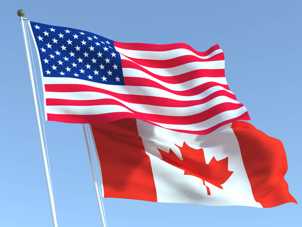 蓝天上有两面飘扬的美国和加拿大国旗。高质量的商业背景.3d说明 图片素材