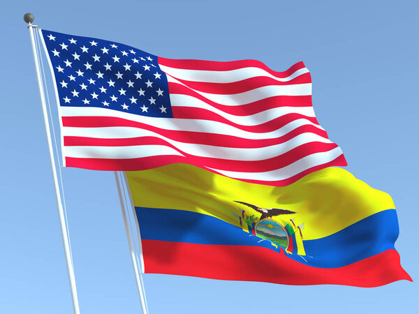 蓝天上的两面飘扬的美国和厄瓜多尔国旗。高质量的商业背景.3d说明 图片素材