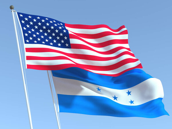 蓝天上的两面飘扬的美国和洪都拉斯国旗。高质量的商业背景.3d说明 图片素材