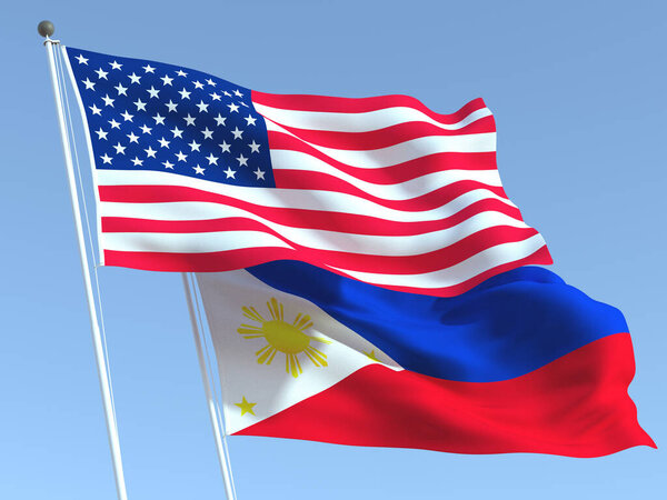 蓝天上有两面飘扬的美国和菲律宾国旗。高质量的商业背景.3d说明 图片素材