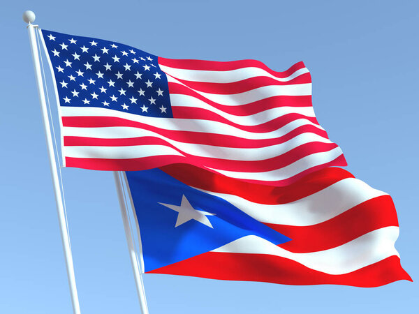 蓝天上飘扬着美国和波多黎各两个州的国旗。高质量的商业背景.3d说明 图片素材