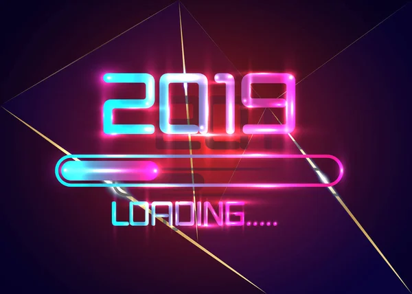 快乐的新的一年2019年加载图标蓝色霓虹灯风格。进度条几乎到了新年前夕。向量例证以2019年装载。隔离或暗光金激光几何背景  图片素材