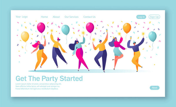 登陆页面的概念与一群快乐、快乐的人庆祝节日、活动。男人和女人的人物在节日帽子跳舞, 在背景上的五彩纸屑和气球. 图片素材