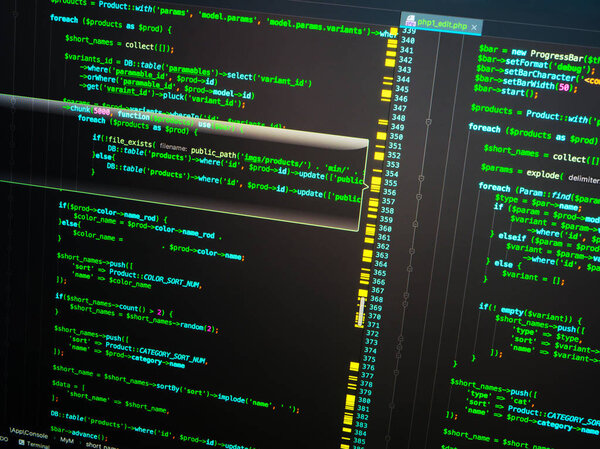 绿色 php 代码在深蓝色背景在代码编辑器, 特写镜头, 站点 web 开发 图片素材