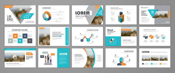 演示幻灯片布局背景.蓝色和橙色设计手册模板。用于介绍、传单、传单、横幅、公司报告、年度报告、营销、广告. 图片素材