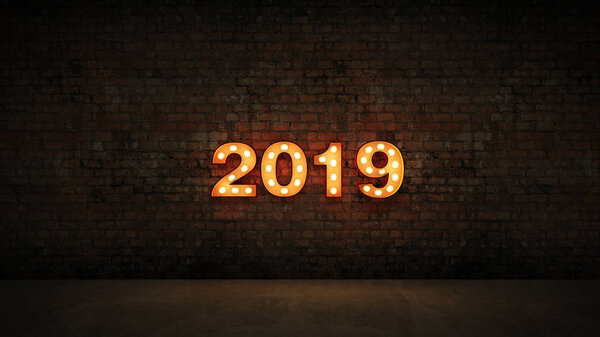 选框灯2019字母符号, 新年2019。3d 渲染 图片素材