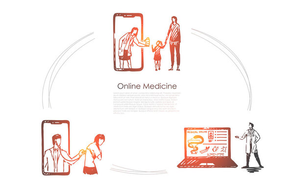 在线医学 - 人们订购药物，有医学检查和阅读医学文献从笔记本电脑或智能手机屏幕矢量概念集 图片素材