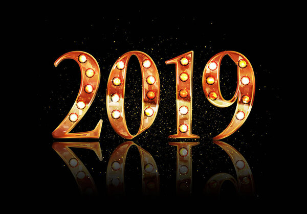 新年快乐2019贺卡设计与黄金3d 版式在黑色背景与闪光。中国的猪年书法。矢量插图 图片素材