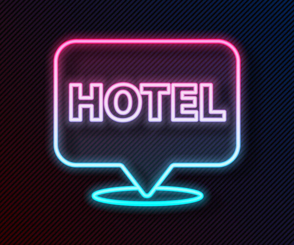 明亮的霓虹灯线位置酒店图标隔离在黑色背景。酒店、旅舍、旅游、房租、房地产的概念符号.病媒图解. 图片素材