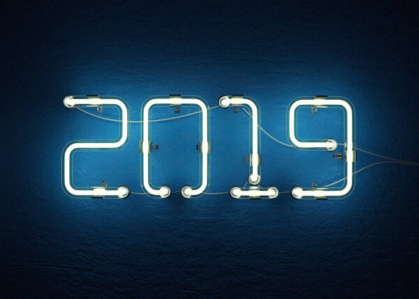 新的一年2019由霓虹灯字母。3d 插图 图片素材