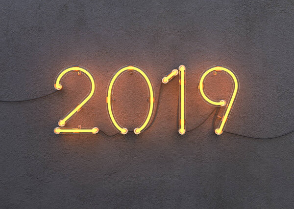 新的一年2019由霓虹灯字母。3d 图案 图片素材