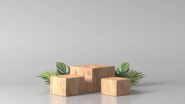 豪华棕色细木箱，块，正方形讲台，绿色叶在白色大理石背景。概念舞台展示，产品，香水，促销，木制，展示，化妆品。3D渲染 图片素材