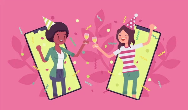 在网上开派对，用智能手机庆祝的快乐女孩 图片素材