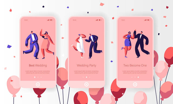 愉快的婚礼舞蹈字符移动应用程序页面在板载屏幕设置。有趣的已婚夫妇庆祝节日活动。新婚的参与网站或网页。平面动画片向量例证 图片素材