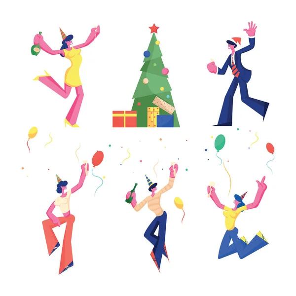 生日、新年及圣诞庆祝套餐。 快乐人民党与香槟礼物装饰圣诞树和糖果。 男子跳跃和跳舞漫画平面矢量画图、剪贴画 图片素材