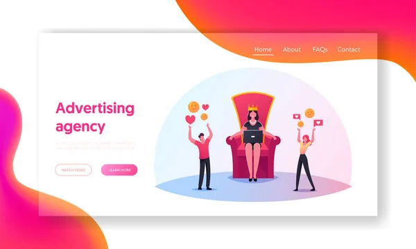 Hype, Blog, networking Landing Page Template.有社交媒体偶像的人物与大皇冠上的女性 图片素材