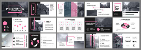 演示文稿模板。用于在白色背景上滑动演示文稿的粉红色元素。还用作传单、宣传册、公司报告、营销、广告、年度报告、横幅. 图片素材