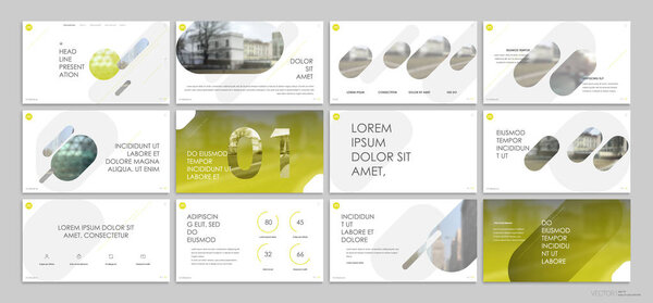 演示文稿模板，白色背景上的黄色极简主义信息图元素。用于业务项目演示和市场营销的矢量幻灯片模板. 图片素材