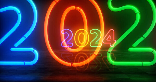 2024年象征霓虹灯符号。浅色灯泡。抽象概念3d说明. 图片素材