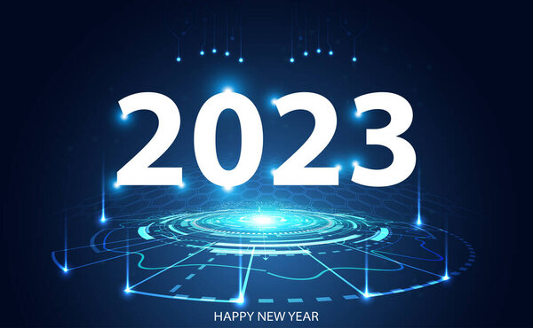 2023年新年快乐圆光数字网络在蓝色背景数字未来现代高科技空间中的应用 图片素材