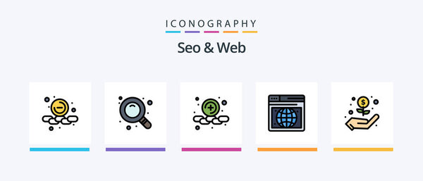 Seo和Web Line填充了5个Icon包，包括seo 。标签。加。网络。研究。创意偶像设计 图片素材