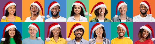 快乐美丽的人多文化的男人和女人不同年龄戴着圣诞帽，对着相机笑，用五彩缤纷的背景庆祝2023年新年，一组摄影棚的照片，拼贴，网页横幅 图片素材
