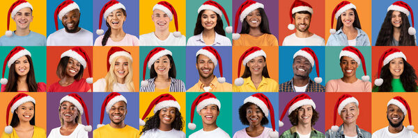 一群快乐的多民族人享受着圣诞派对，不同年龄段的漂亮男女在五彩缤纷的演播室里笑着，戴着红色的圣诞帽，戴着拼贴，一副全景 图片素材