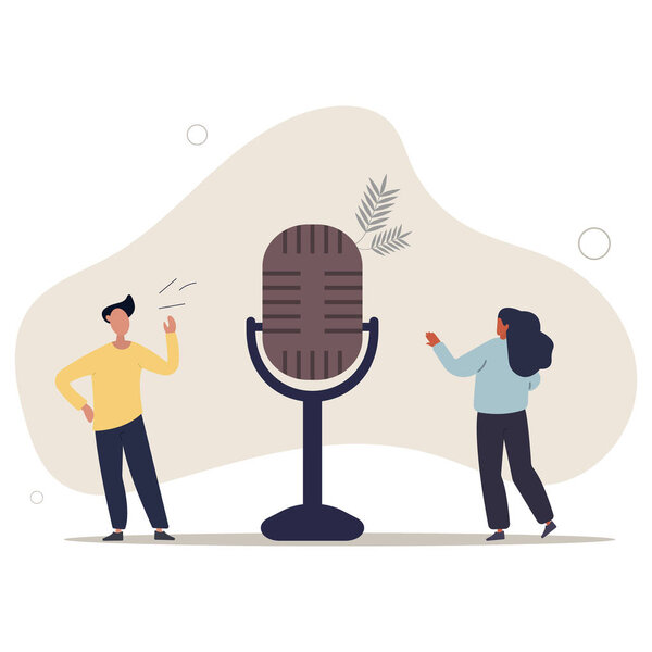 Podcast in episodes odic series of digital audio records broadcast or streaming via Internet for easy listening, professional podcasters. flat vector illustration. 图片素材